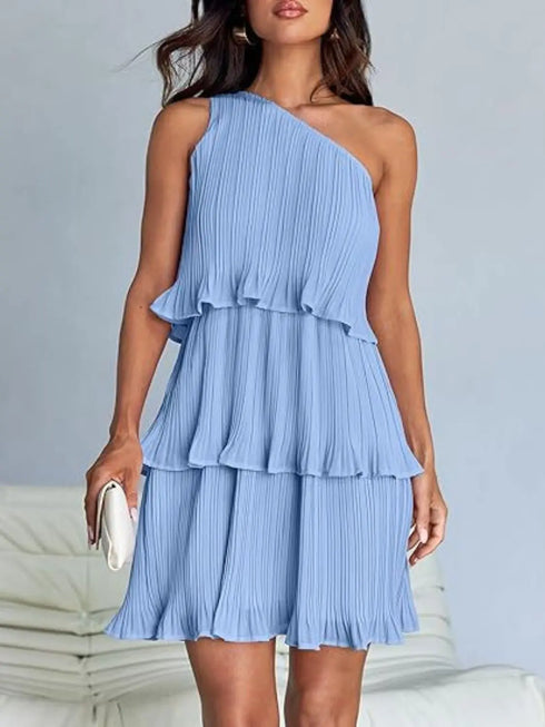'Hesper' Layered Single Shoulder Mini Dress - Celes Fashion